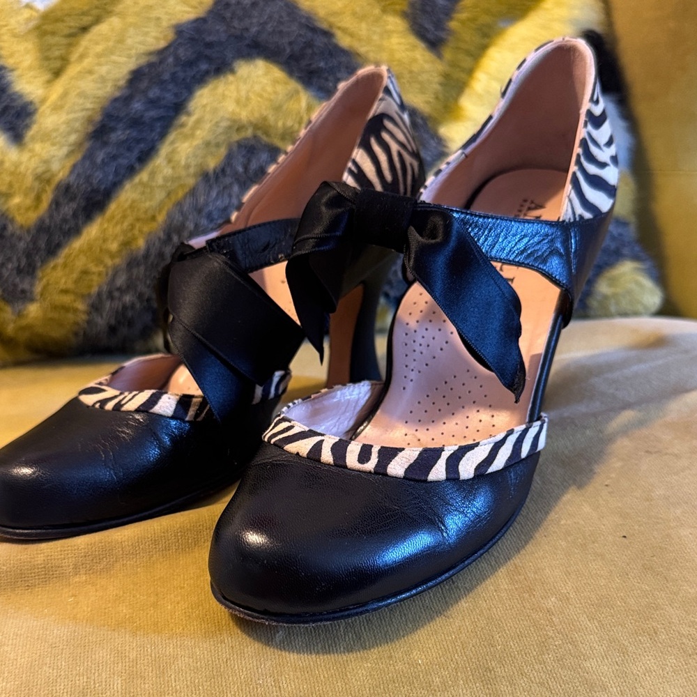 Anyi Lu Black and Zebra Print Heels